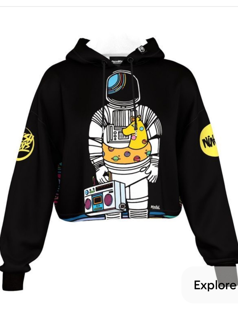 FreshHoods Space Vacation Astronaut Cropped Hoodie Art Collab with Ninhol Size M